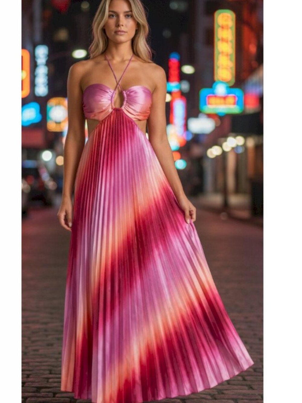 Pleated Metallic Pink Ombre Maxi Dress Size Small